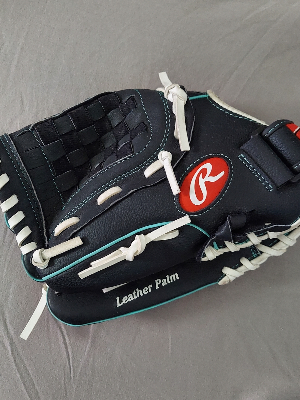 Rawlings Black and Teal Leather Palm Baseball Glove with White Laces